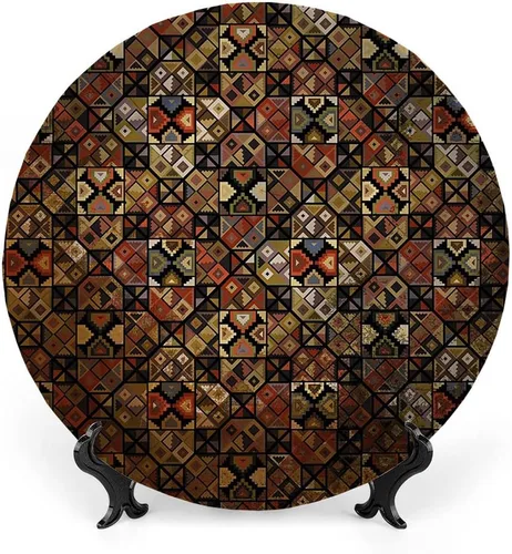 Vista 21 de Platos decorativos, adorno con estampado tribal, diseño de rayas estilo de cultura maya azteca, 6 pulgadas, 1 plato con 1 soporte de exhibición