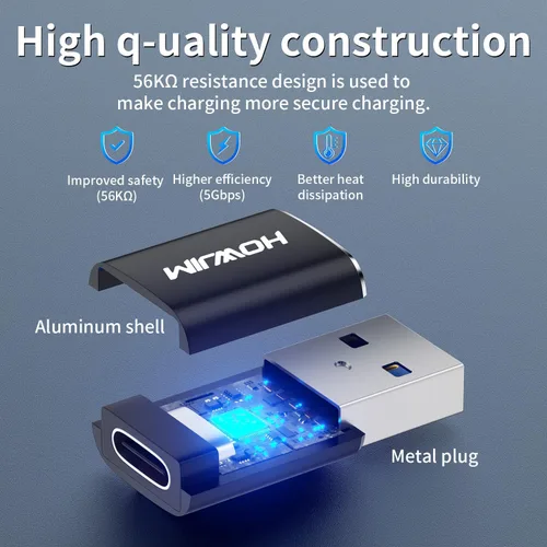 Vista 5 de Paquete de 2 adaptadores USB a USB C, transferencia de datos de carga rápida de 5 Gbps, convertidor de cable tipo C hembra a USB A macho