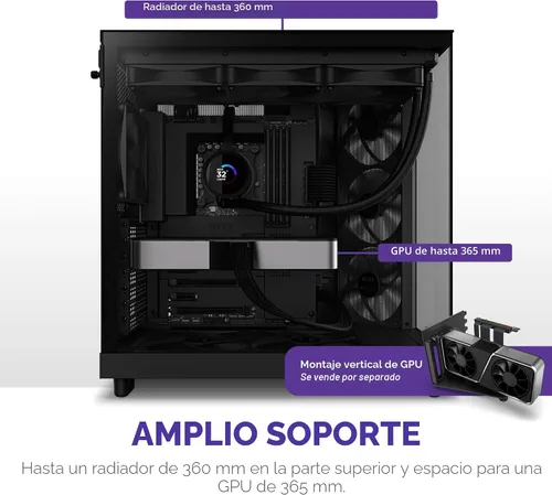 Vista 8 de NZXT H6 Flow CC-H61FB-01 Carcasa compacta de doble cámara de torre media con flujo de aire Paneles de vidrio panorámicos Paneles de flujo