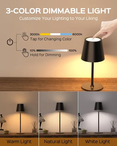 Vista 4 de JACKYLED Lámparas de mesa inalámbricas recargables, 3 alturas ajustables, funciona con batería de 5000 mAh, 3 colores de atenuación suave, lámpara