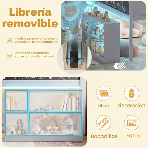 Vista 6 de KOMFOTT Cama baja de tamaño individual con luces LED, marco de cama loft de madera para niños con escalera, barandilla de seguridad de longitud Gris