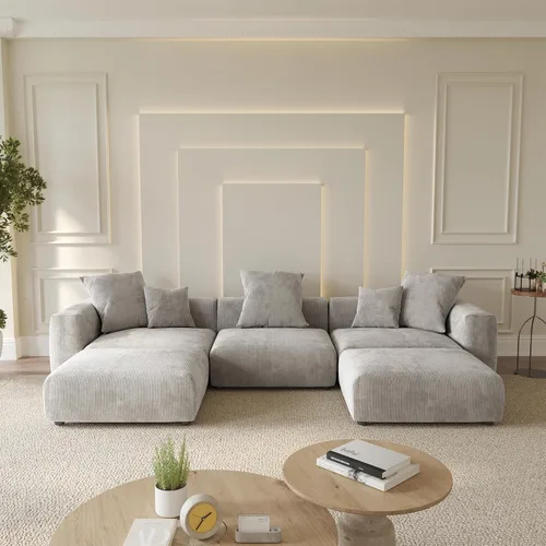 Vista 21 de WJShome Cloud Couch Sofá Seccional Modular, Sofá en Forma de L de 102 pulgadas con Otomana, Sofá de Pana Beige de 3 Asientos, Sofá Seccional