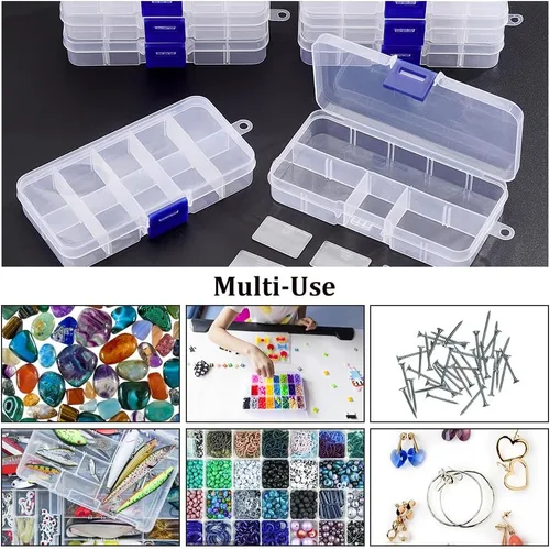 Vista 7 de NBEADS Paquete de 10 mini cajas organizadoras de plástico de 8 rejillas, 2.7 x 4.2 x 0.8 pulgadas, divisores de joyería de plástico transparente
