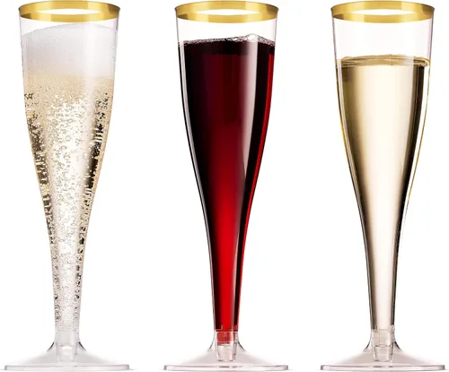 Vista 3 de Munfix Paquete de 50 copas de champán de plástico con borde dorado de 5 onzas, copas de plástico transparentes para tostar, elegantes, desechables