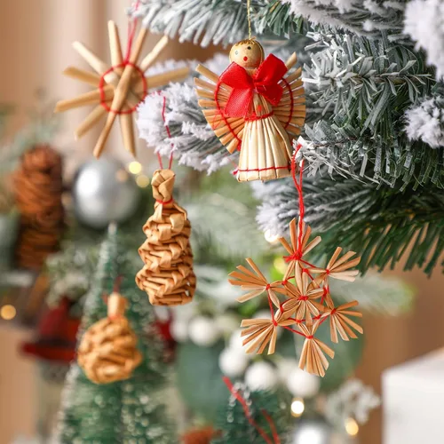 Vista 5 de Juego de 56 adornos de paja escandinavos de Navidad, incluyendo estrellas, copos de nieve, corazones, corona de ángel, cabras/julbuck para árbol