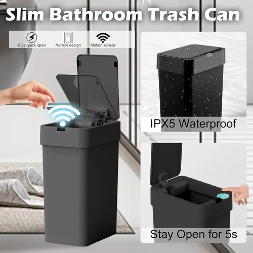Vista 5 de ELPHECO Basurero de baño con tapa, paquete de 2 botes de basura automáticos, 2.5 galones + 4 galones con sensor de movimiento inteligente