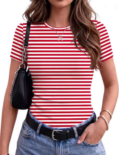 Vista 17 de Zeagoo Camiseta básica elástica de manga corta acanalada con cuello redondo Beige