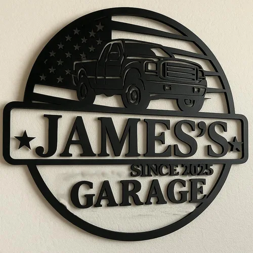 Vista 9 de Letrero de metal personalizado para garaje con camioneta pickup vintage americana, arte de pared de taller redondo, nombre personalizado y año EST