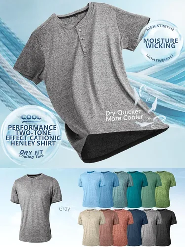 Vista 4 de Camiseta Henley para hombre, de 3 botones, ajustada, de secado rápido, manga larga, ligera, casual, básica, Gris