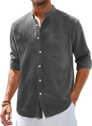 Vista 18 de Alimens & Gentle Camisas de algodón y lino para hombre, camisa de manga larga con botones, cuello de banda, camisas de playa