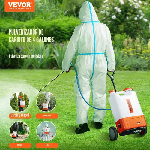 Vista 2 de VEVOR Pulverizador de mochila con batería de 4 galones con carro con ruedas, ajustable de 0-94 PSI, manguera de 13 pies, 6 boquillas, 2 varitas