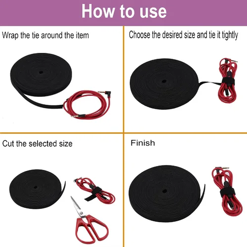 Vista 6 de Correas reutilizables para cables, rollo de gestión de cables, cierre negro, cinta de gancho y bucle de doble cara (1/2 pulgada)