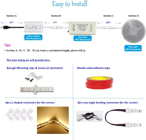 Vista 2 de Tira de luz LED Bluetooth de 20 pies/rollo 60 LEDs/M 12 V IP67 impermeable 5050 RGB LED flexible con control remoto IR de 24 K (impermeable)