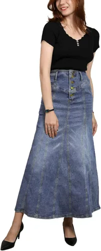Vista 5 de CHARTOU Falda larga de mezclilla para mujer, estilo retro, con botones y vuelos a la cadera, acampanada