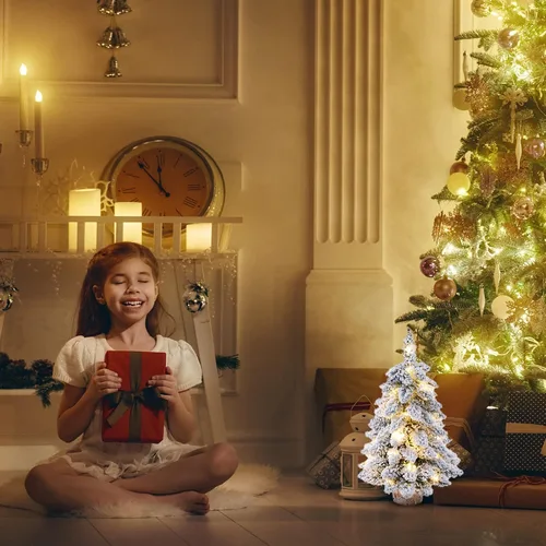 Vista 6 de 2 árboles de Navidad flocados de 18 pulgadas con luces LED, mini árbol de Navidad artificial con base de madera, árbol de Navidad flocado