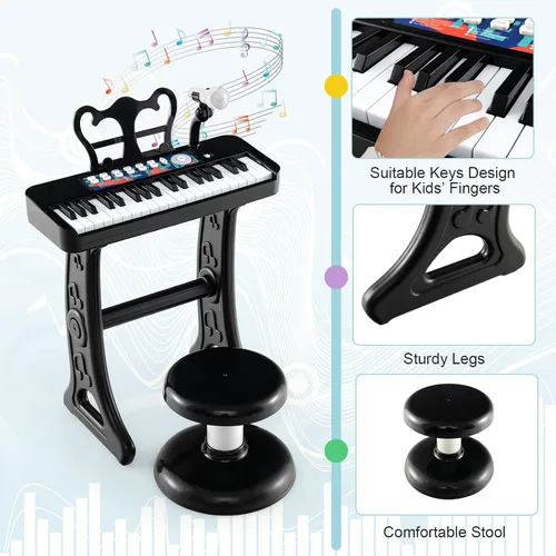 Vista 5 de Costzon Piano para niños, teclado de piano de juguete de 37 teclas con micrófono, taburete y soporte de música, piano electrónico portátil, juguete