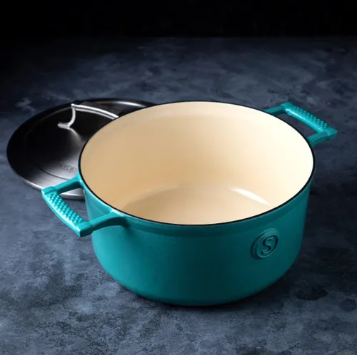 Vista 2 de SAVEUR SELECTS Cacerola de hierro fundido esmaltado, horno holandés de 5 cuartos de galón con tapa de acero inoxidable de doble pared, azul sabroso