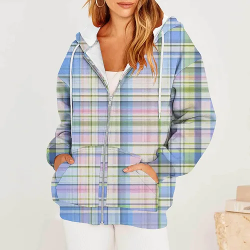 Vista 5 de Sudadera Y2K de gran tamaño para mujer, manga larga, con cremallera, cordón a cuadros, sudadera con capucha y ajuste holgado, ropa Y2K