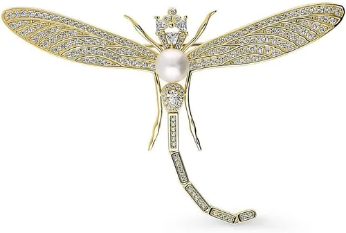 Vista 2 de BERRICLE Broche de plata de ley con botón blanco de libélula, perlas cultivadas de agua dulce, broche de moda para mujer, oro amarillo destellado