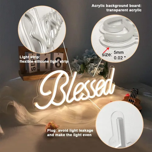Vista 3 de DIVATLA Letrero de neón bendecido para decoración de pared, letreros con luz LED para dormitorio, regulable y reutilizable para oficina, estudio