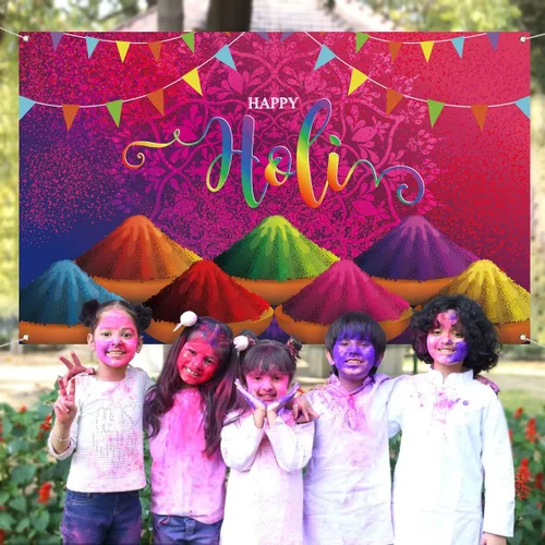 Vista 4 de Happy Holi Photo Booth telón de fondo hindú indio para interiores y exteriores, fotografía para el hogar, decoración de fondo de pared