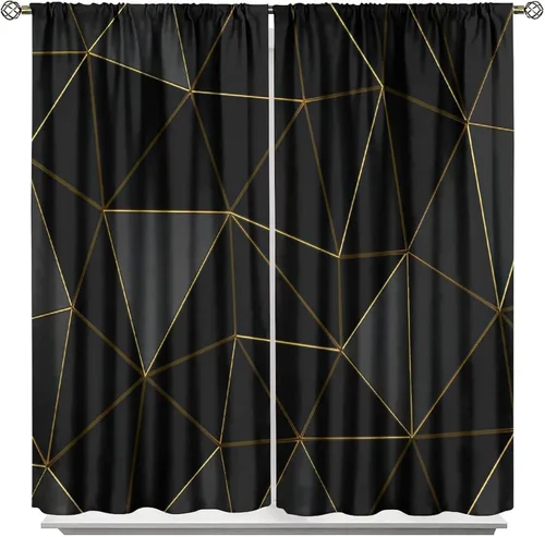 Vista 62 de Cortinas Negras con Dobladillo Dorado, Cortinas Opacas con Bolsillo para Barra con Estampado de Rayas de Foil en Onda Dorada para Decoración de Negro