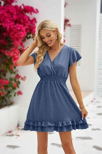 Vista 2 de Vestidos de verano para mujer con cuello en V para mujer, vestidos de manga corta, casual, con volantes, fruncido, con vuelo, cintura alta, mini