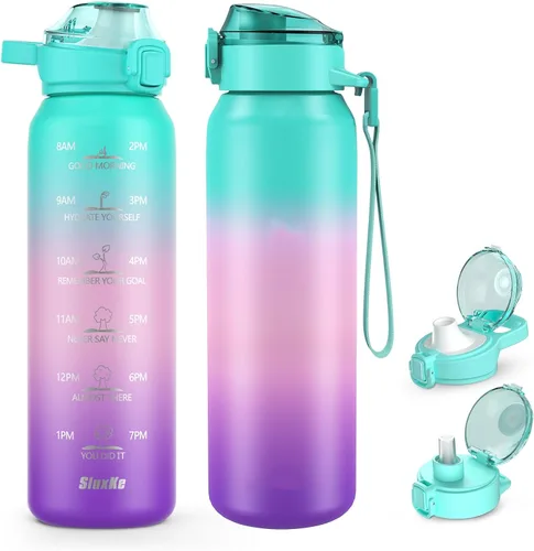 Vista 11 de SLUXKE Botella de agua aislada de acero inoxidable de 32 onzas con asa, botella aislada de doble pared de 1 litro con marcador de tiempo libre