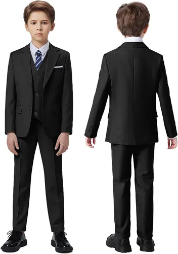 Vista 2 de 5 Piece Boys Suits for Wedding Ring Bearer Outfit Kids Tuxedo Negro (corbata de rayas)