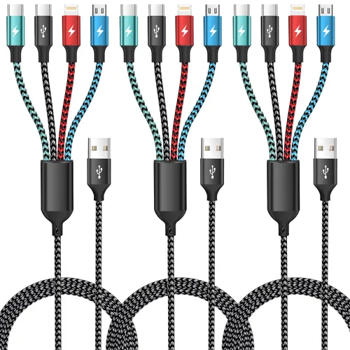Vista 18 de Cable de Carga Múltiple, Cables de Carga 4 en 1 para Múltiples Dispositivos de Nylon Trenzado Cargador Universal Cable Cargador de Teléfono con 2