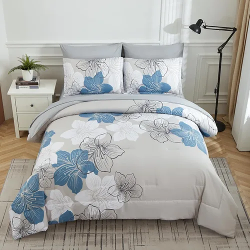 Vista 3 de Luxudecor Juego de edredón floral tamaño individual, 6 piezas de cama en una bolsa, edredón floral azul y juego de sábanas, juego de ropa de cama