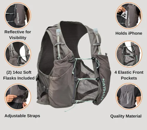 Vista 3 de Nathan - Chaleco de hidratación para mujer - Malla ligera, transpirable, 2 frascos de 14 oz, vejiga de 2 L, chaleco reflectante, Pinnacle Breeze