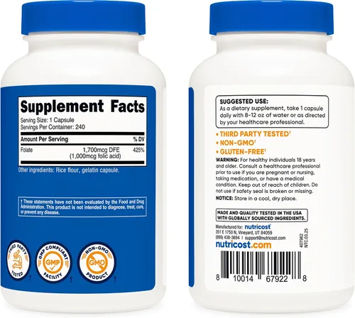 Vista 4 de Nutricost ácido fólico (Vitamina B9) 1000 mcg, 240 Cápsulas, 1 botella, 1