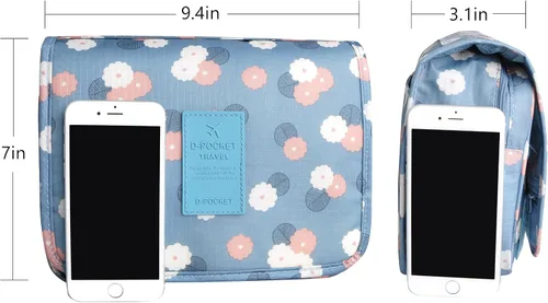 Vista 2 de Bolsa para productos cosméticos. Bolsa para colgar productos de tocador. Organizador de viaje, para hombre y mujer., Azul Flores)