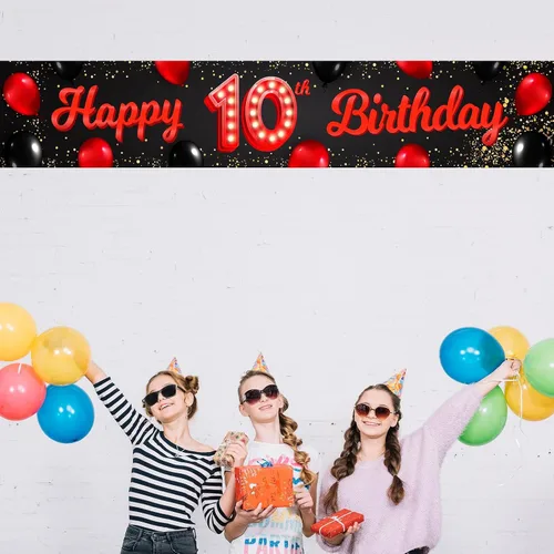 Vista 4 de Cartel de feliz cumpleaños número 10 color rojo y negro, globos para decoración temática para patio, jardín, niñas, mujeres, princesas, decoraciones