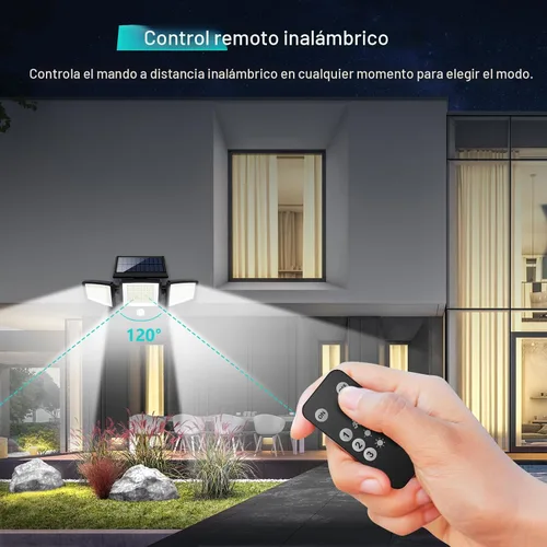 Vista 8 de Tuffenough - Luces solares para exteriores, 2500 lm, 210 luces LED de seguridad con control remoto, 3 cabezales de luces con sensor de movimiento