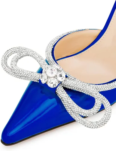 Vista 5 de MIRAAZZURRA Sandalias de tacón alto para mujer, con punta puntiaguda, diamantes de imitación de cristal, sandalias con lazo, sin espalda, zapatos
