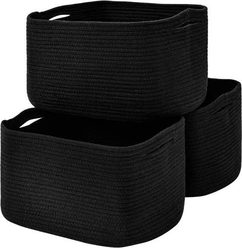 Vista 16 de ICERZCZ Cestas de almacenamiento negras para organizar estantes, cesta de juguetes para guardería, cesta de cuerda de algodón tejida
