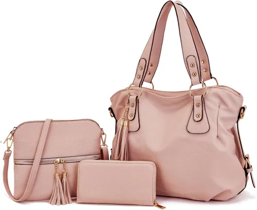 Vista 8 de Qiyuer - Juego de bolsos y carteras para mujer: bolso grande tipo bandolera, bolso tipo hobo y cartera, 3 piezas A01-3pcs/Set Gris
