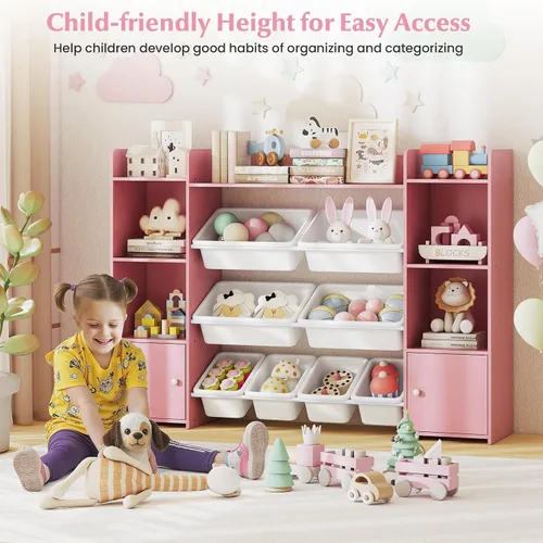 Vista 9 de HONEY JOY Organizador de almacenamiento de juguetes para niños, armario de almacenamiento de piso de madera con 8 contenedores extraíbles, estante