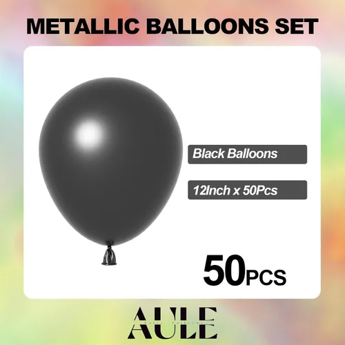 Vista 5 de AULE Globos metálicos negros de 12 pulgadas, 50 globos de látex negros, helio cromado, globo grueso brillante, decoración perfecta para fiesta