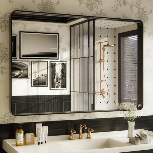 Vista 28 de ISKM Espejo con marco negro para pared de 20 x 16 pulgadas, espejo de tocador de baño antioxidante, vidrio templado, espejo rectangular redondeado