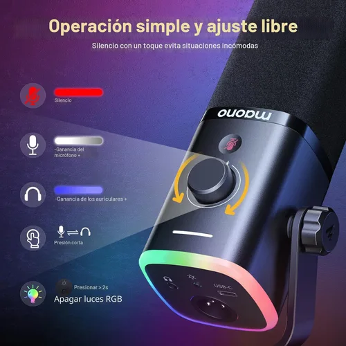Vista 4 de MAONO Kit de micrófono XLR/USB para juegos: micrófono dinámico para PC para transmisión y podcast, soporte de software, botón de silencio, control