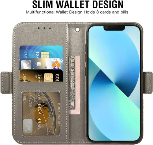 Vista 3 de Funda compatible con iPhone 13 Mini de 5.4 pulgadas y protector de pantalla de vidrio templado, funda con tapa para tarjetero, fundas para teléfono