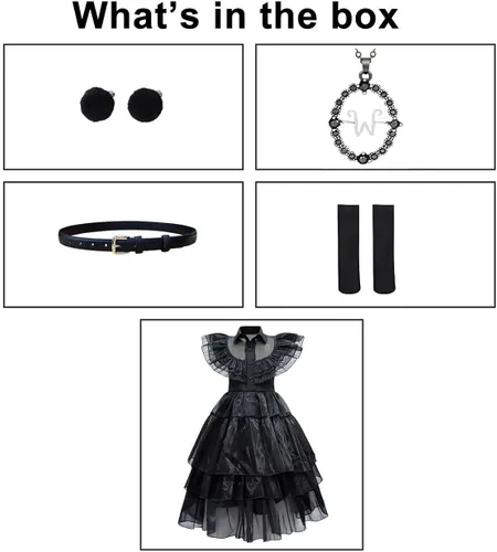 Vista 5 de Magwei Vestido de disfraz de Wednesday Addams para niños y niñas, disfraz de la familia Addams, para cosplay, fiesta de Halloween, traje de 3-12 años