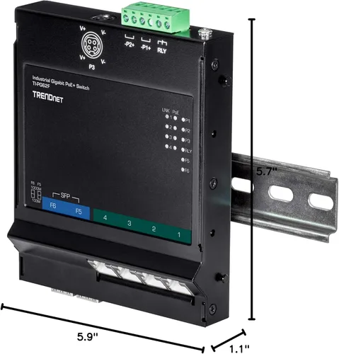 Vista 4 de TRENDnet Interruptor de acceso frontal industrial Gigabit PoE+ de 6 puertos, TI-PG62F, 4 puertos Gigabit PoE+, 2 ranuras Gigabit SFP, riel DIN