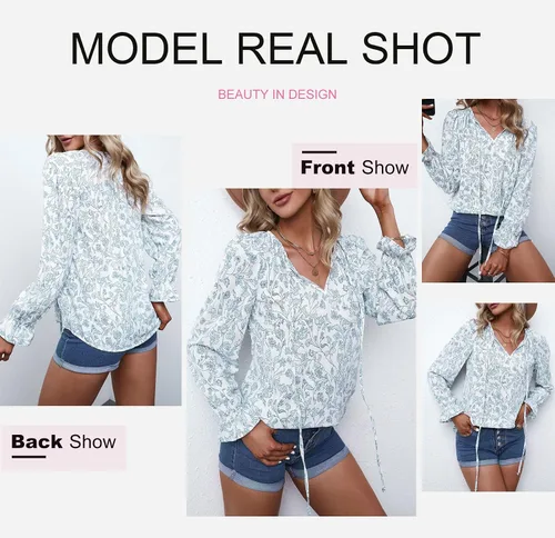 Vista 4 de Dokotoo - Blusa informal, bohemia y con estampado floral para mujer, camiseta con cuello en V, con cordón, blusas de manga corta y manga larga
