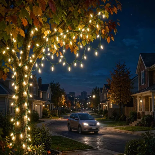 Vista 4 de Guirnalda de 100 Luces LED Blanco Cálido de Cable Verde para Navidad, con Certificación UL y Cadena de Iluminación Decorativa Comercial de 35 Pies