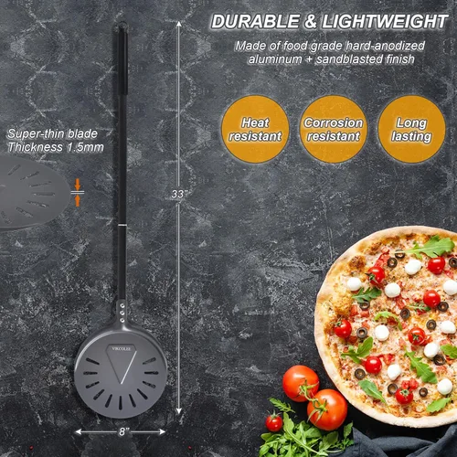Vista 8 de Pala de Pizza Giratoria, 8 Pulgadas con Mango de 25 Pulgadas Pala de Pizza Giratoria Redonda, Espátula de Pizza Giratoria de Aluminio Anodizado