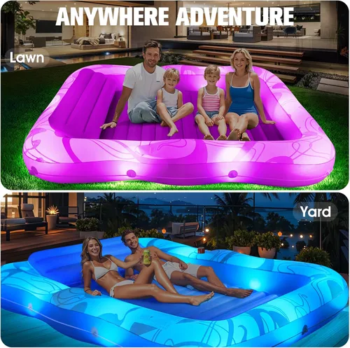 Vista 7 de Tumbona inflable de bronceado con luces, flotadores grandes de 81 x 60 pulgadas para adultos, tumbona de piscina, cama de agua de bronceado inflable